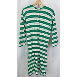 MARIMEKKO Finland Vintage Striped Cotton Knit Dress 3/4 Sleeve Green White M